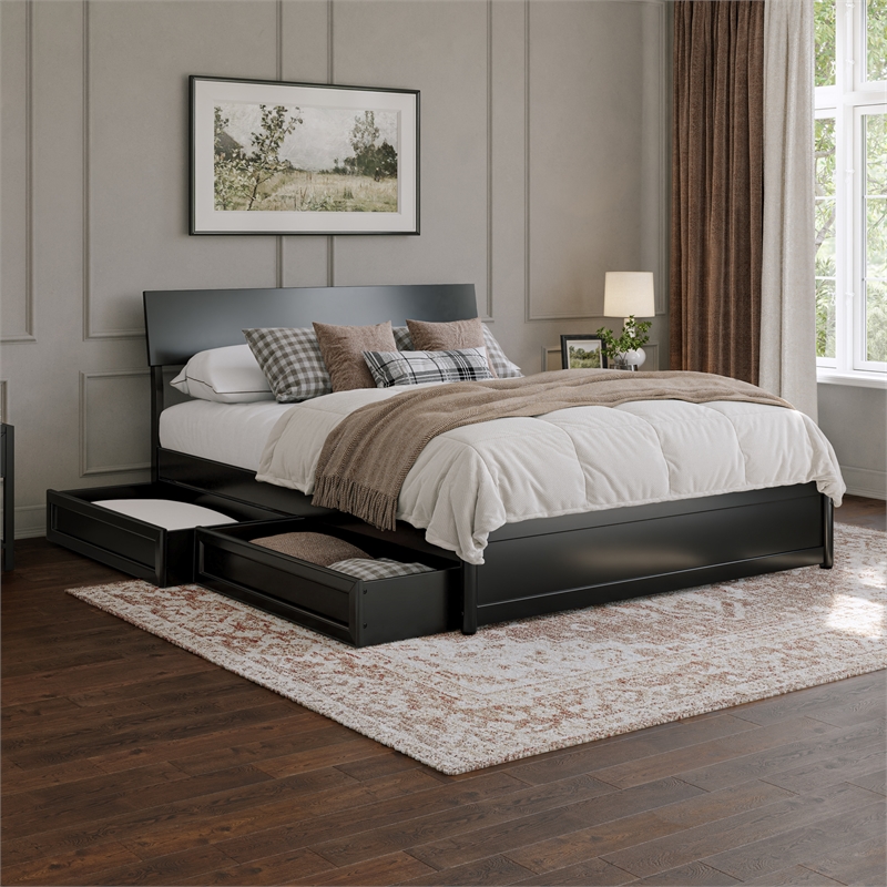 Norla Queen Wood Platform Bed with Footboard and Drawers in Black