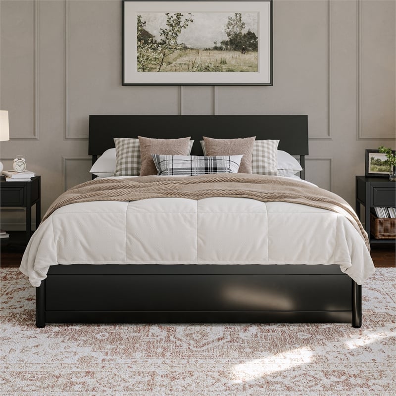 Norla Queen Wood Platform Bed with Footboard and Drawers in Black