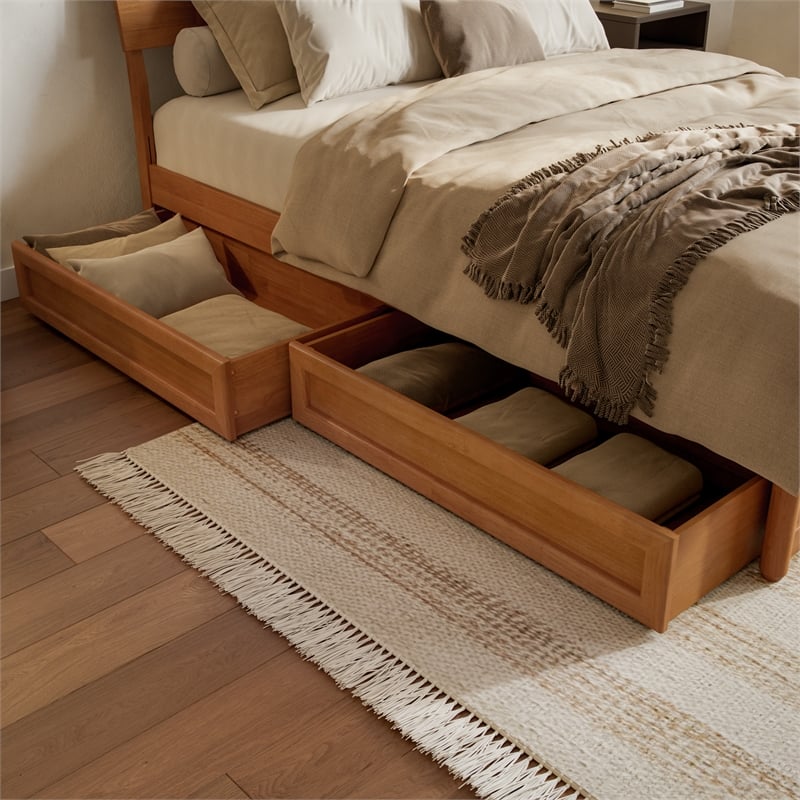 Norla Queen Wood Platform Bed with Footboard and Drawers in Light Toffee