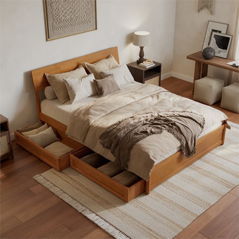 Norla Queen Wood Platform Bed with Footboard and Drawers in Light Toffee