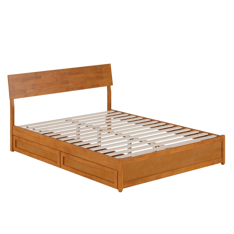 Norla Queen Wood Platform Bed with Footboard and Drawers in Light Toffee