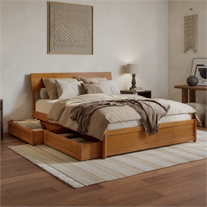 Norla Queen Wood Platform Bed with Footboard and Drawers in Light Toffee
