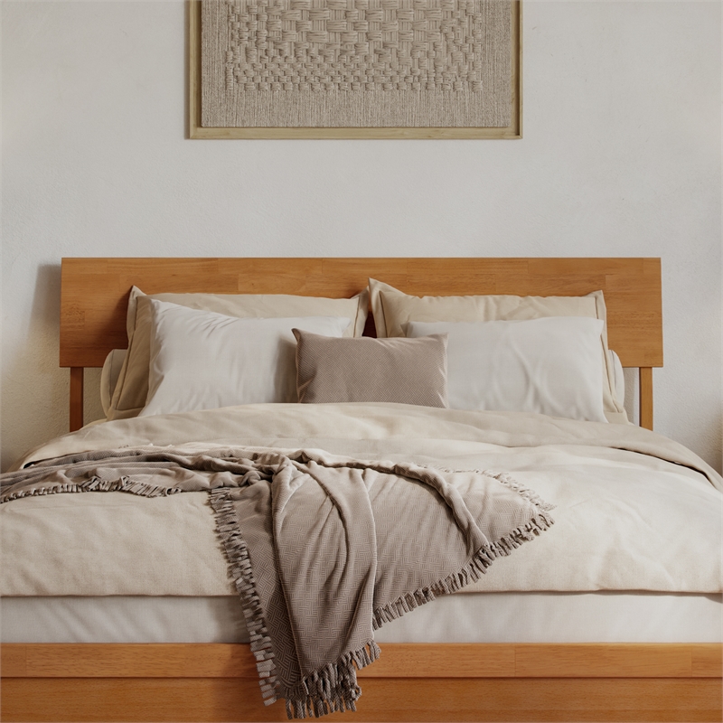 Norla Queen Wood Platform Bed with Footboard and Drawers in Light Toffee