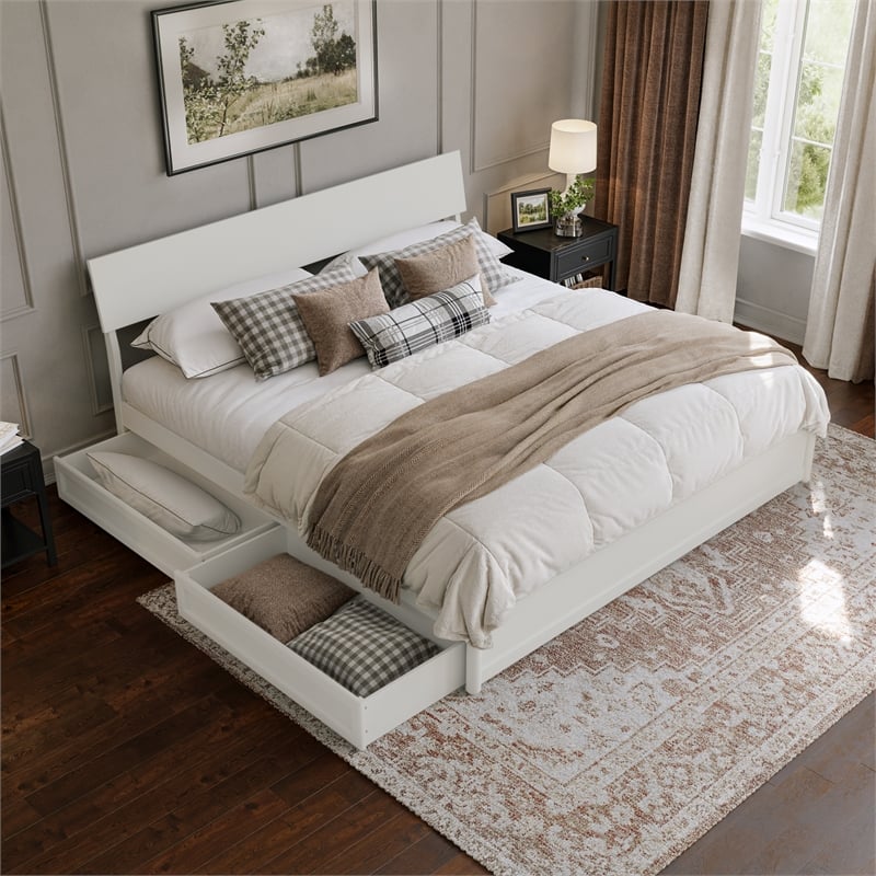 Norla King Wood Platform Bed with Footboard and Drawers in White