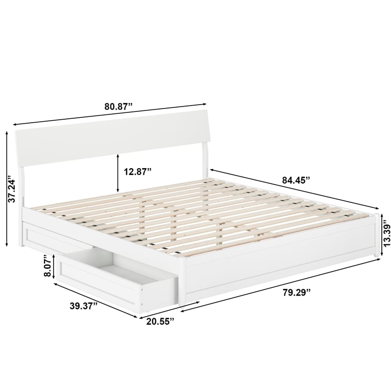 Norla King Wood Platform Bed with Footboard and Drawers in White