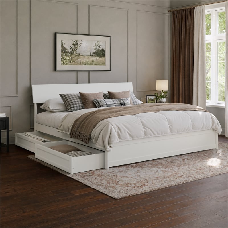 Norla King Wood Platform Bed with Footboard and Drawers in White