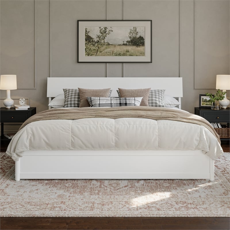 Norla King Wood Platform Bed with Footboard and Drawers in White