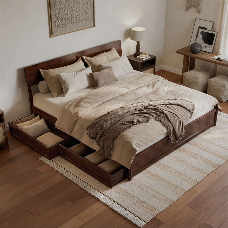 Norla King Wood Platform Bed with Footboard and Drawers in Walnut