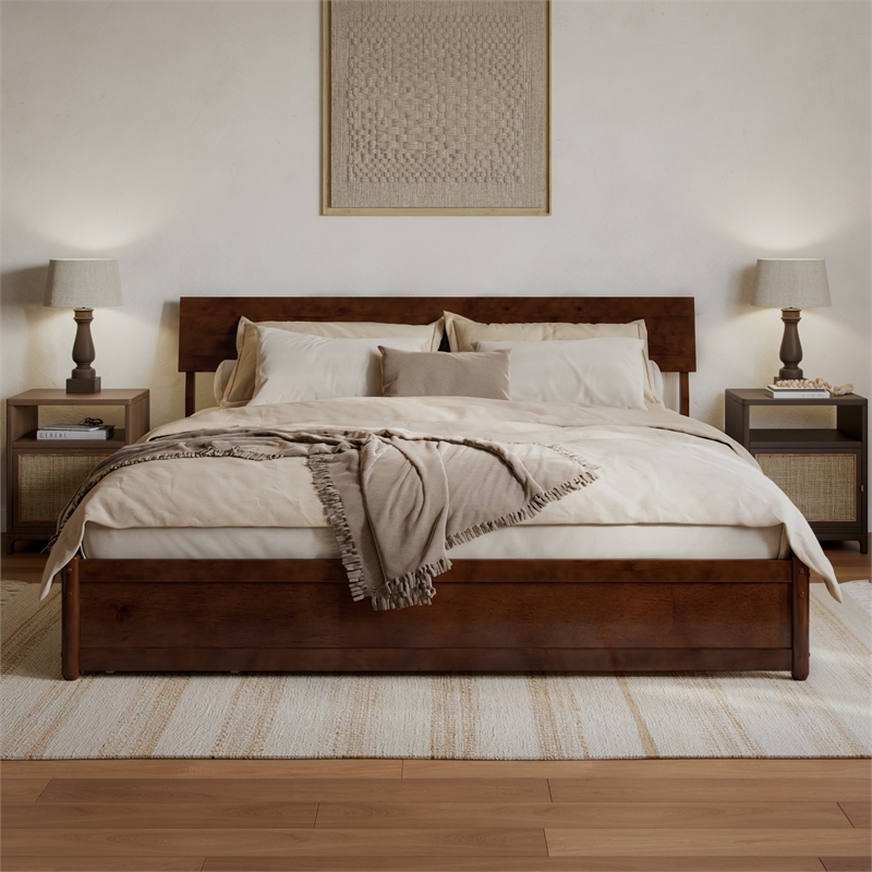 Norla King Wood Platform Bed with Footboard and Drawers in Walnut