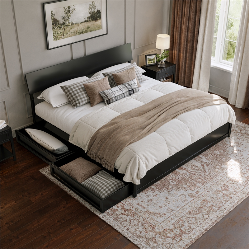 Norla King Wood Platform Bed with Footboard and Drawers in Black