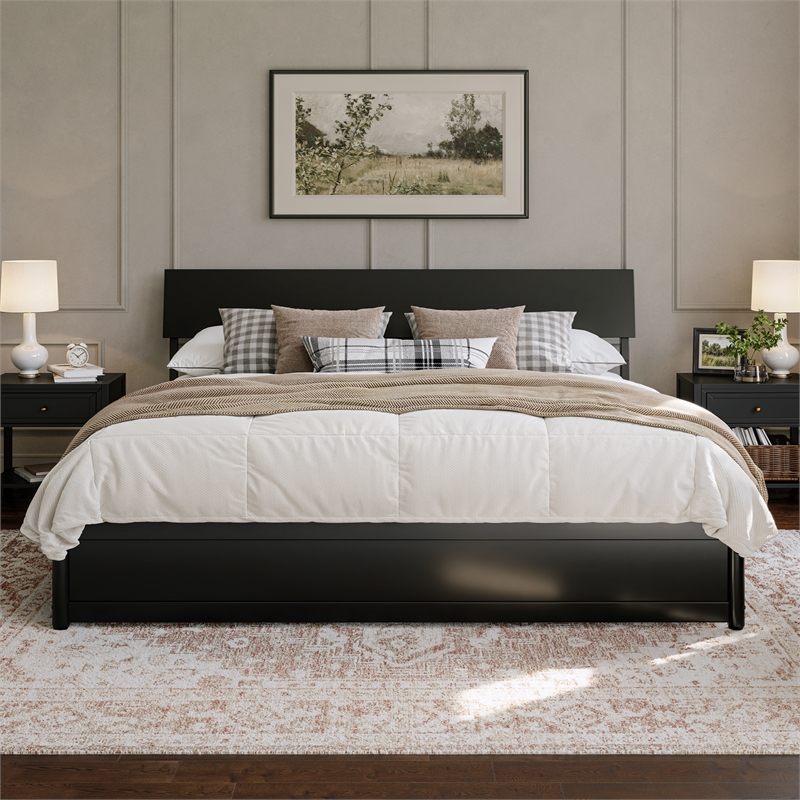 Norla King Wood Platform Bed with Footboard and Drawers in Black
