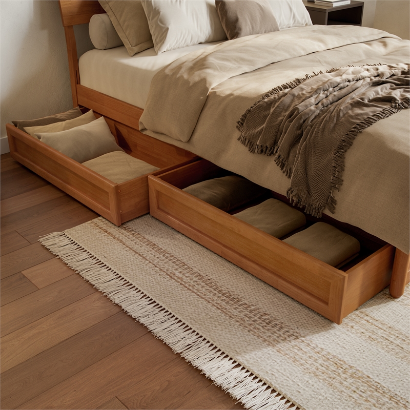Norla King Wood Platform Bed with Footboard and Drawers in Light Toffee