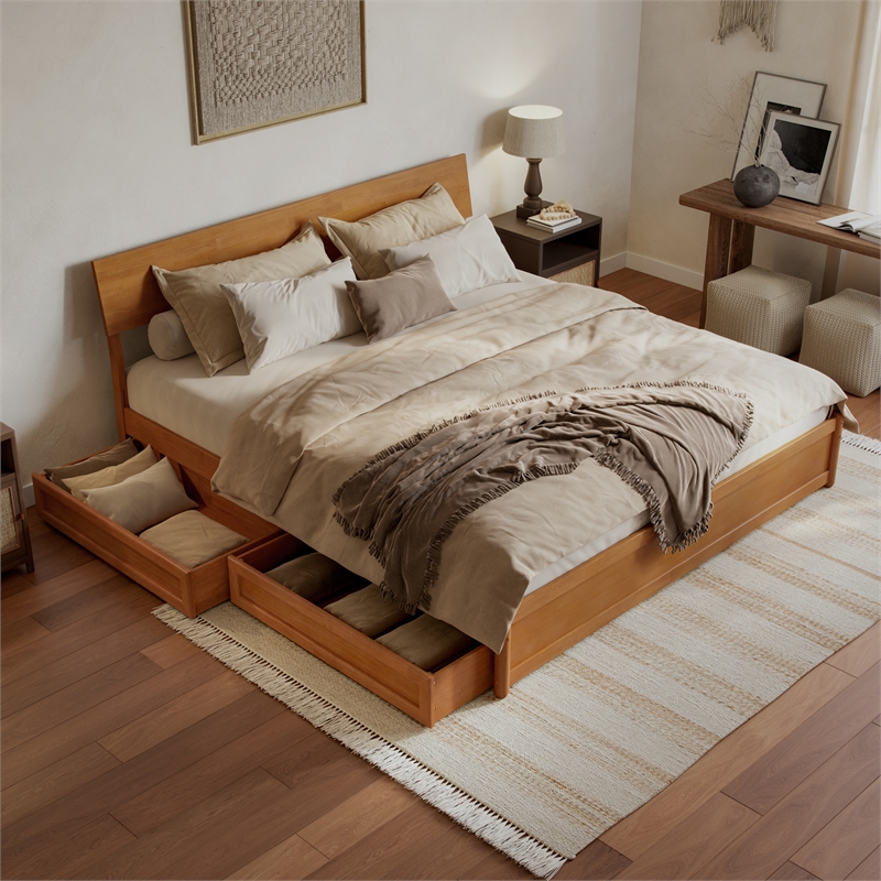 Norla King Wood Platform Bed with Footboard and Drawers in Light Toffee