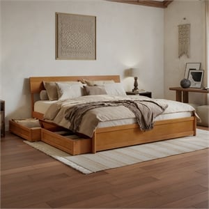 Norla King Wood Platform Bed with Footboard and Drawers in Light Toffee