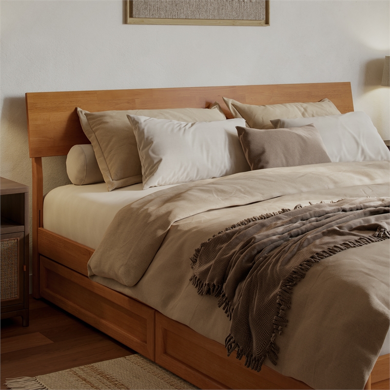 Norla King Wood Platform Bed with Footboard and Drawers in Light Toffee