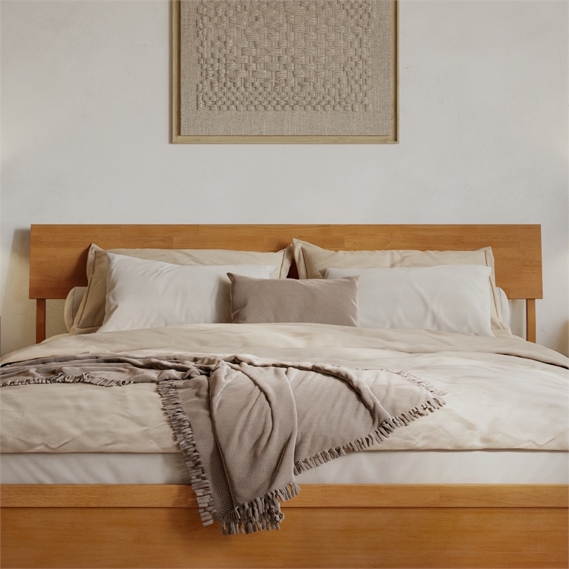 Norla King Wood Platform Bed with Footboard and Drawers in Light Toffee