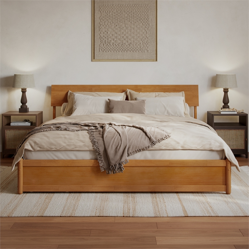 Norla King Wood Platform Bed with Footboard and Drawers in Light Toffee