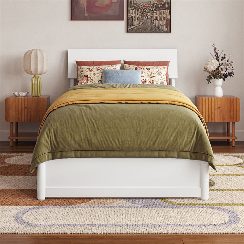 Norla Twin XL Wood Platform Bed with Footboard and Twin XL Trundle in White