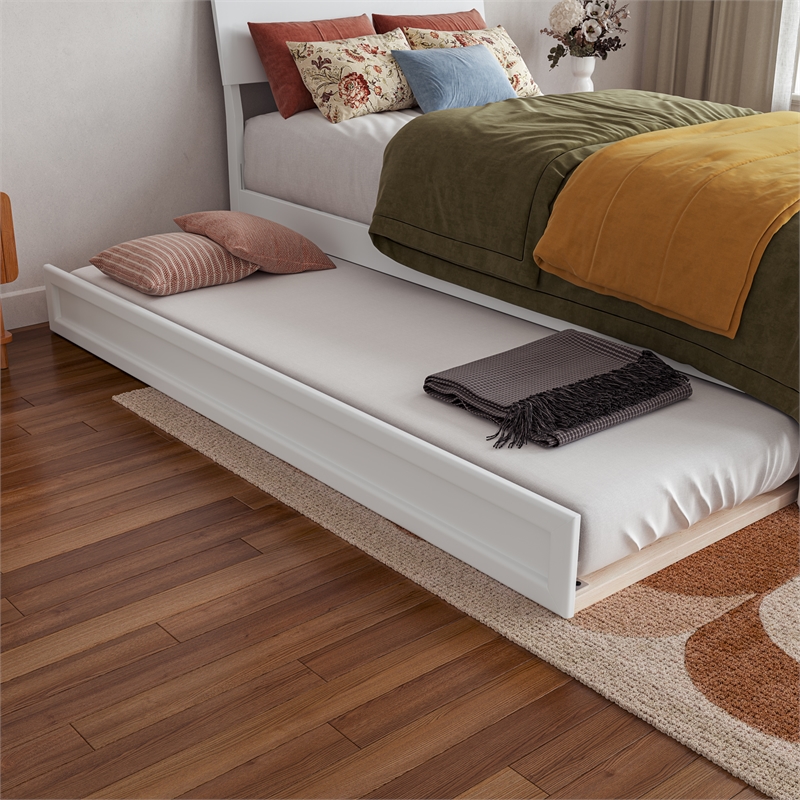Norla Twin XL Wood Platform Bed with Footboard and Twin XL Trundle in White
