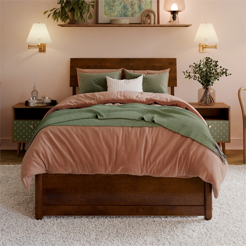 Norla Twin XL Wood Platform Bed with Footboard and Twin XL Trundle in Walnut