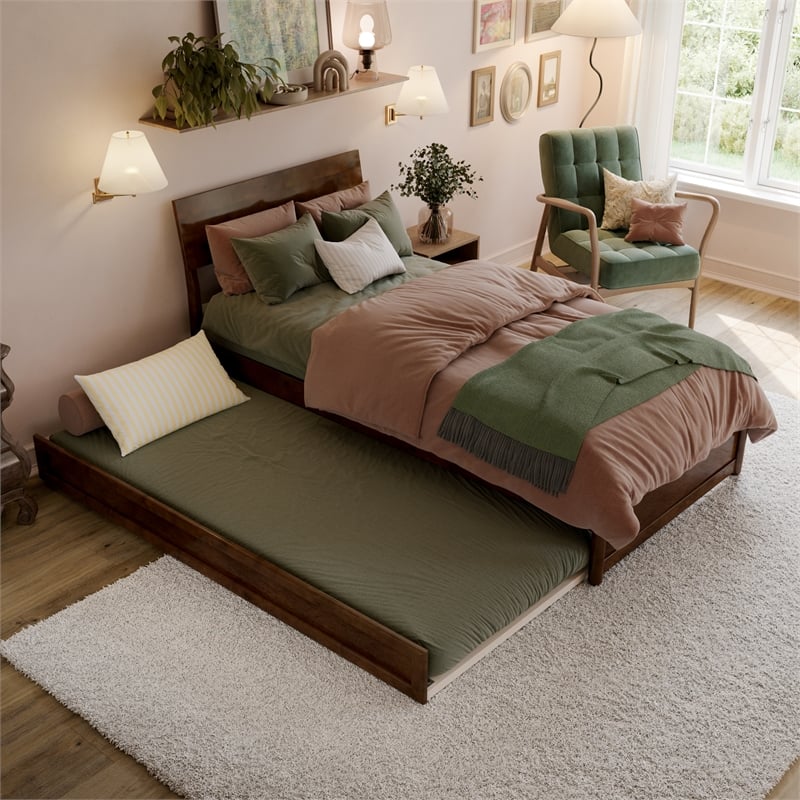 Norla Twin XL Wood Platform Bed with Footboard and Twin XL Trundle in Walnut