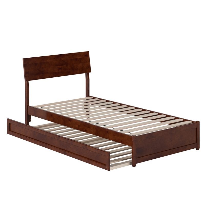 Norla Twin XL Wood Platform Bed with Footboard and Twin XL Trundle in Walnut