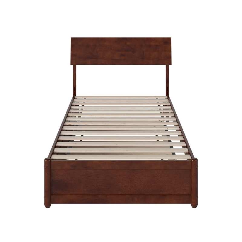 Norla Twin XL Wood Platform Bed with Footboard and Twin XL Trundle in Walnut