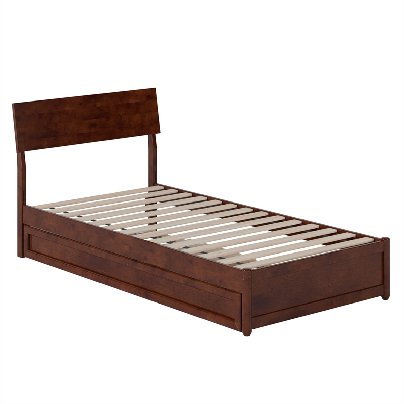 Norla Twin XL Wood Platform Bed with Footboard and Twin XL Trundle in Walnut