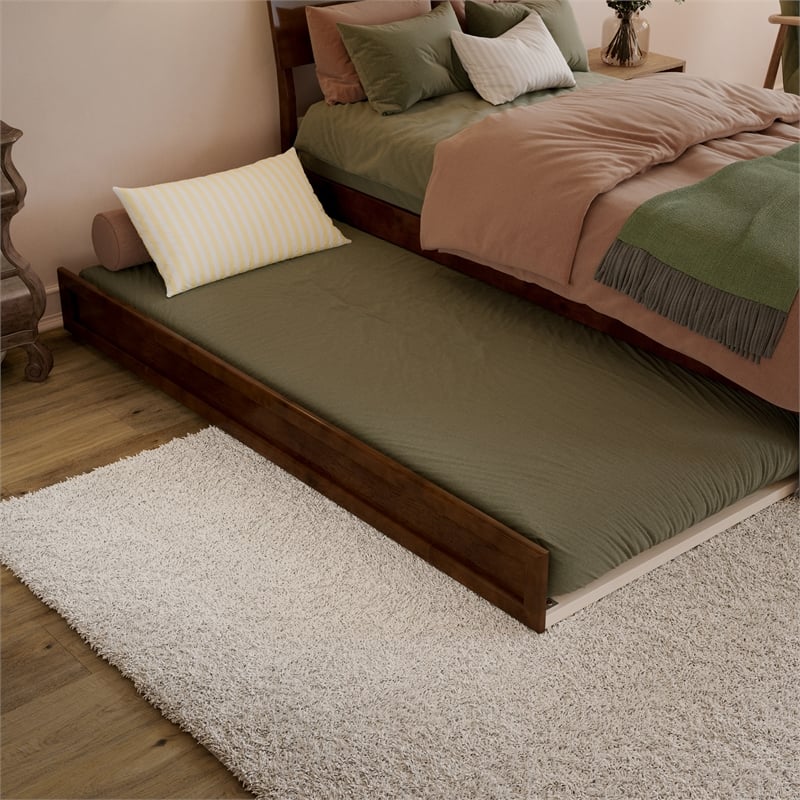 Norla Twin XL Wood Platform Bed with Footboard and Twin XL Trundle in Walnut