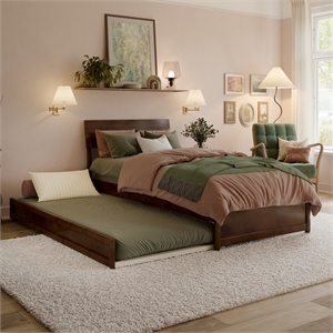 Norla Twin XL Wood Platform Bed with Footboard and Twin XL Trundle in Walnut