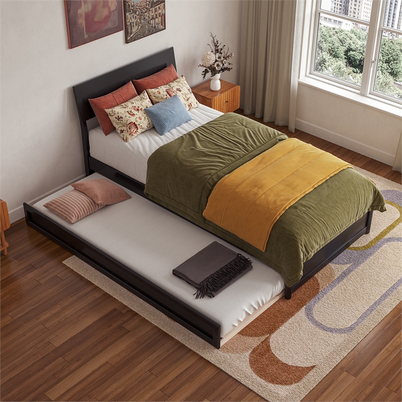 Norla Twin XL Wood Platform Bed with Footboard and Twin XL Trundle in Black