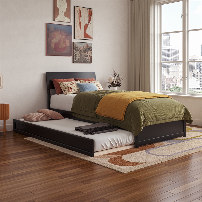 Norla Twin XL Wood Platform Bed with Footboard and Twin XL Trundle in Black