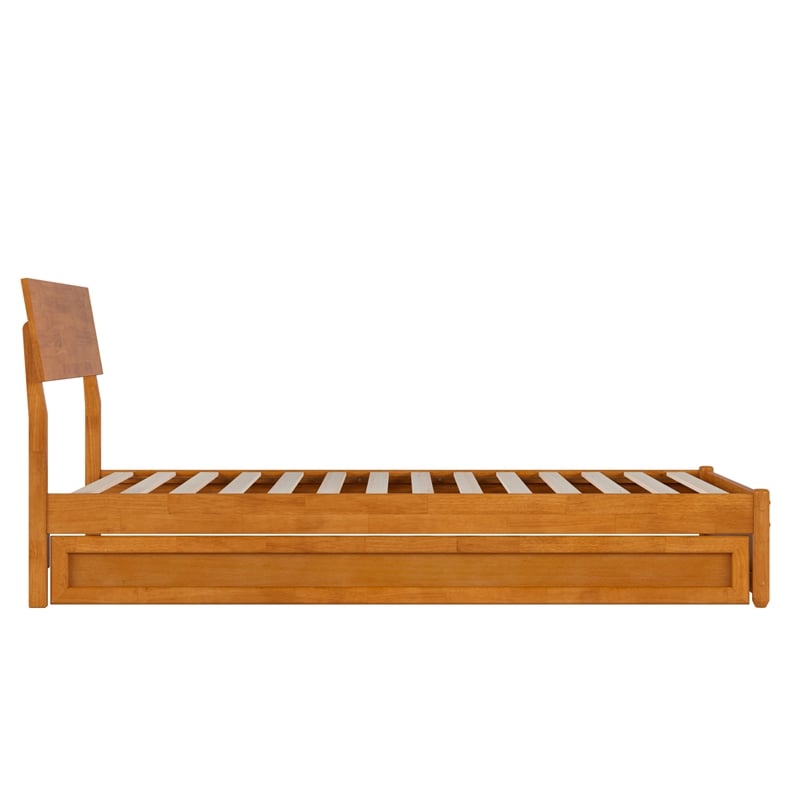 Norla Twin XL Wood Platform Bed w/ Footboard and Twin XL Trundle in Light Toffee