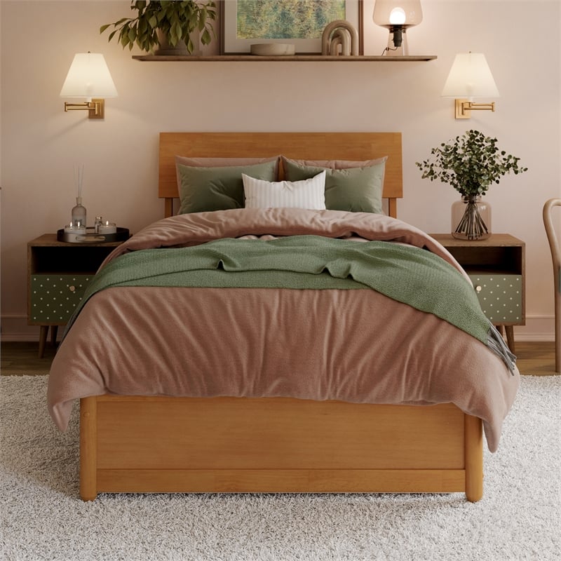 Norla Twin XL Wood Platform Bed w/ Footboard and Twin XL Trundle in Light Toffee