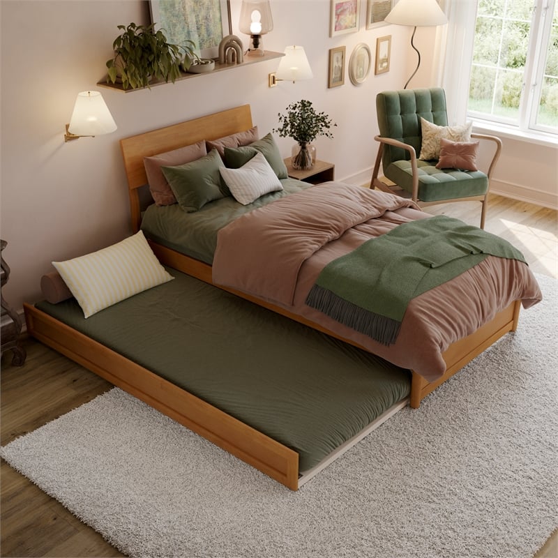 Norla Twin XL Wood Platform Bed w/ Footboard and Twin XL Trundle in Light Toffee