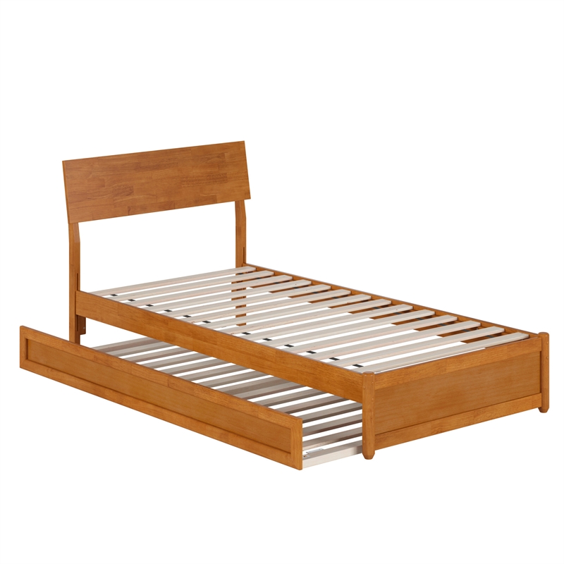 Norla Twin XL Wood Platform Bed w/ Footboard and Twin XL Trundle in Light Toffee