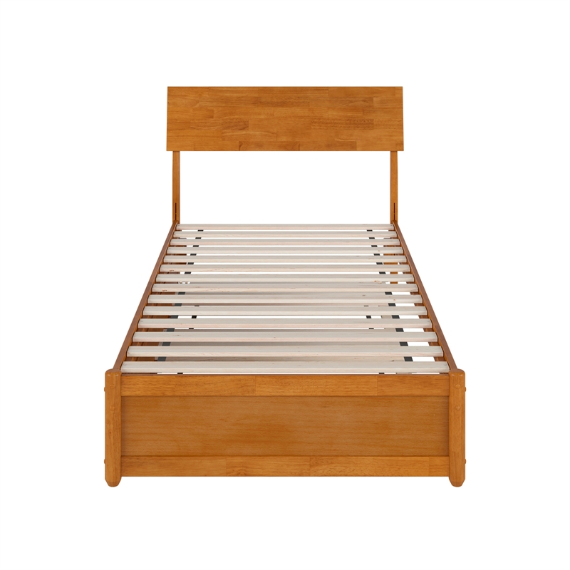 Norla Twin XL Wood Platform Bed w/ Footboard and Twin XL Trundle in Light Toffee