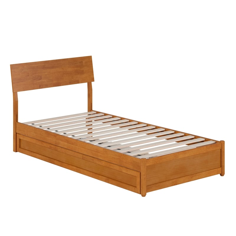 Norla Twin XL Wood Platform Bed w/ Footboard and Twin XL Trundle in Light Toffee