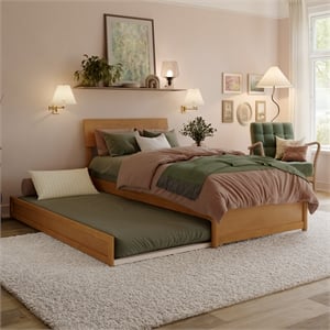 Norla Twin XL Wood Platform Bed w/ Footboard and Twin XL Trundle in Light Toffee