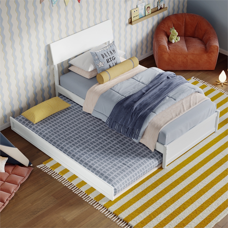 Norla Twin Wood Platform Bed with Footboard and Twin Trundle in White