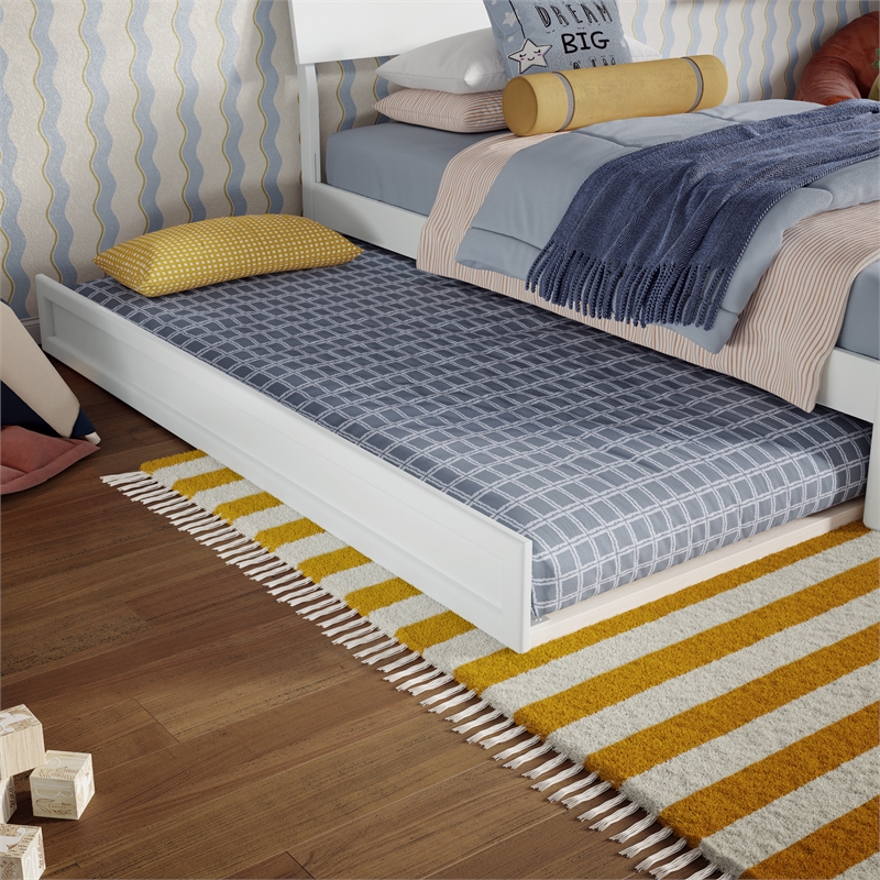 Norla Twin Wood Platform Bed with Footboard and Twin Trundle in White