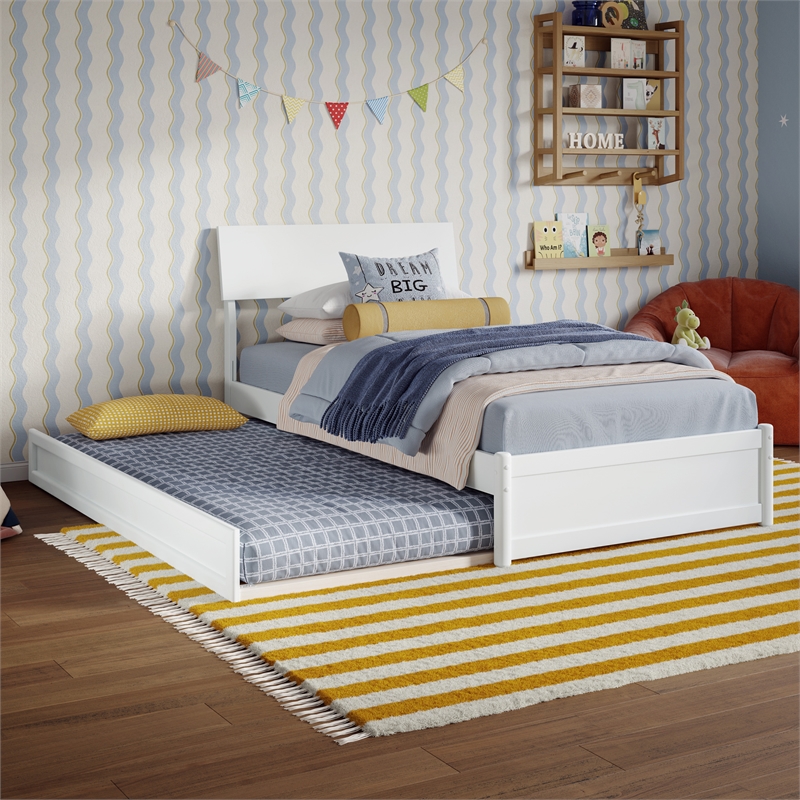 Norla Twin Wood Platform Bed with Footboard and Twin Trundle in White