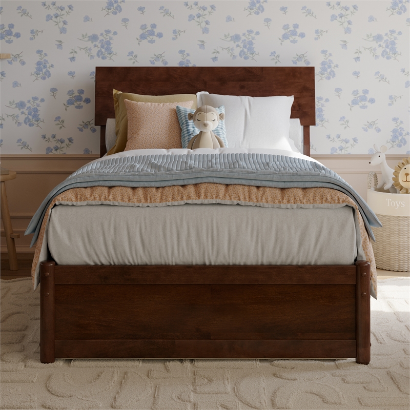 Norla Twin Wood Platform Bed with Footboard and Twin Trundle in Walnut