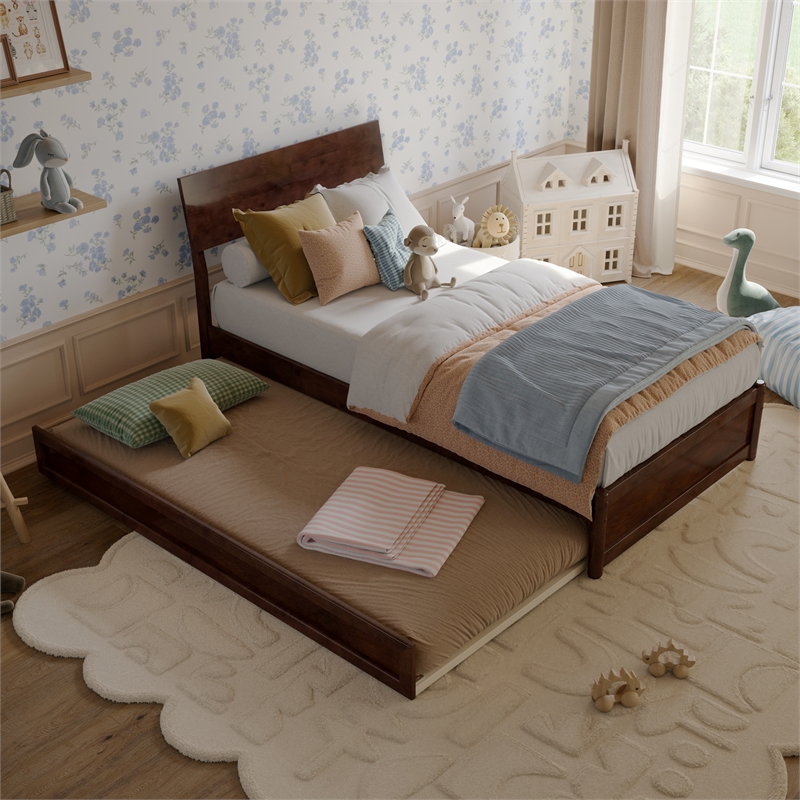 Norla Twin Wood Platform Bed with Footboard and Twin Trundle in Walnut