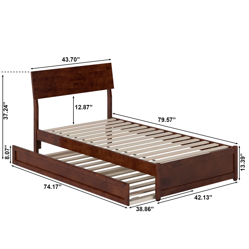 Norla Twin Wood Platform Bed with Footboard and Twin Trundle in Walnut