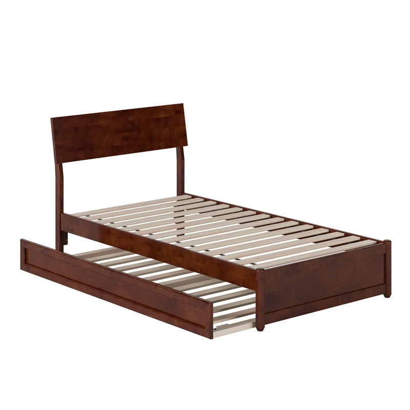 Norla Twin Wood Platform Bed with Footboard and Twin Trundle in Walnut