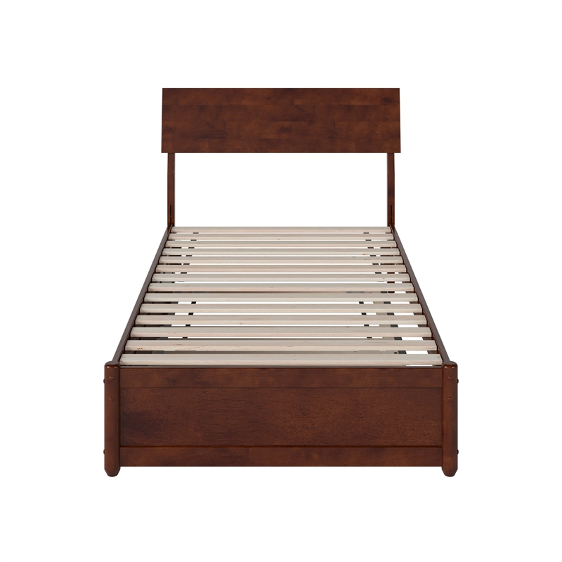 Norla Twin Wood Platform Bed with Footboard and Twin Trundle in Walnut