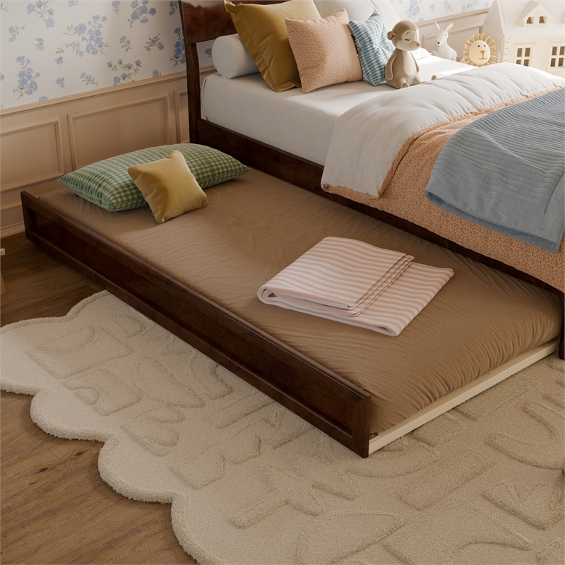 Norla Twin Wood Platform Bed with Footboard and Twin Trundle in Walnut
