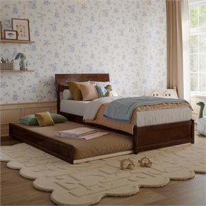 Norla Twin Wood Platform Bed with Footboard and Twin Trundle in Walnut