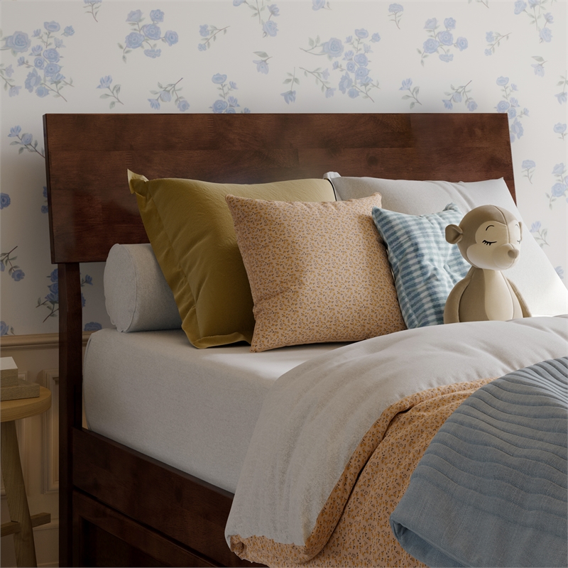 Norla Twin Wood Platform Bed with Footboard and Twin Trundle in Walnut